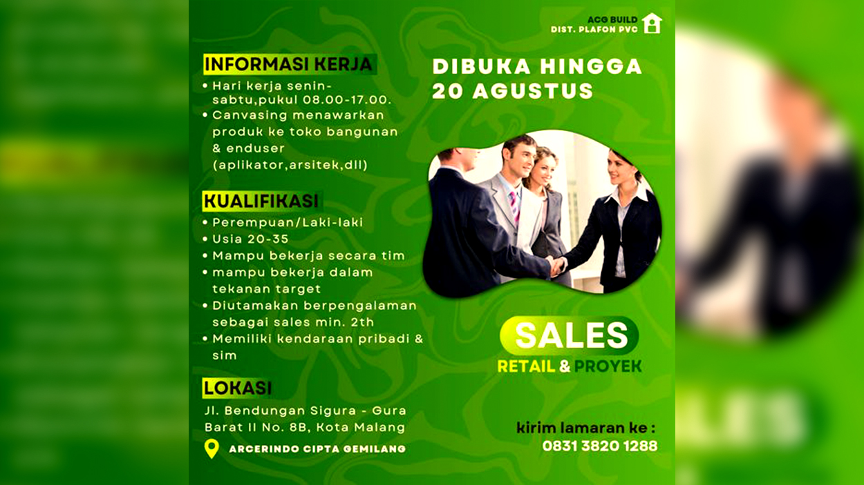 Lowongan Pekerjaan Kota Malang Sebagai Sales Retail & Proyek